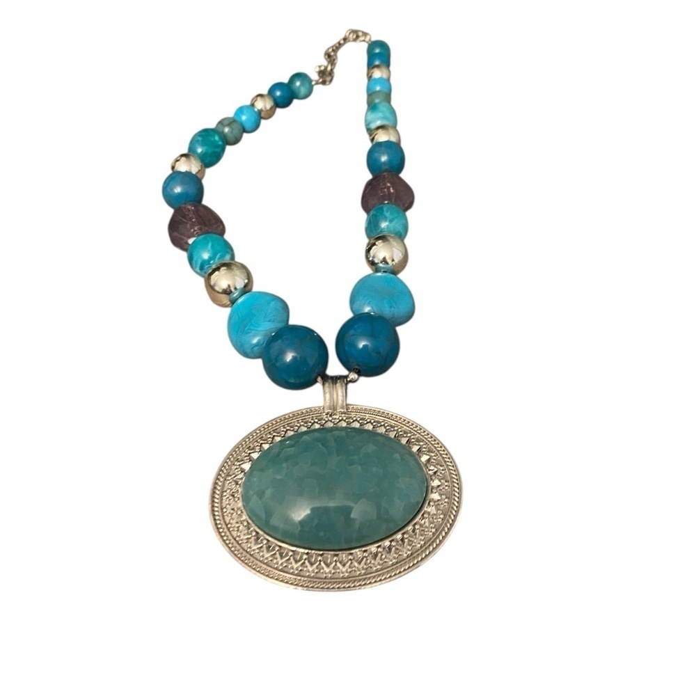 Vintage Beads pendant Green blue Turquoise and Silver Necklace